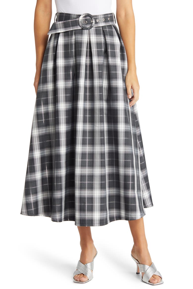 Olivia Plaid Belted Skirt, Main, color, BLACK