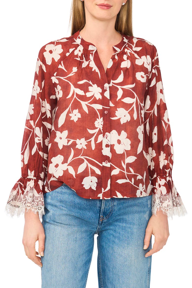 Floral Lace Cuff Top, Main, color, RUSSET BROWN