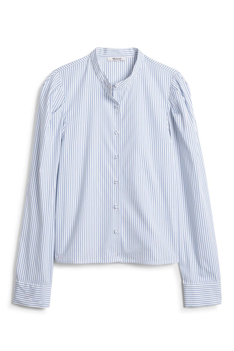 Paulina Stripe Cotton Poplin Band Collar Button-Up Shirt, Alternate, color, HYDRANGEA