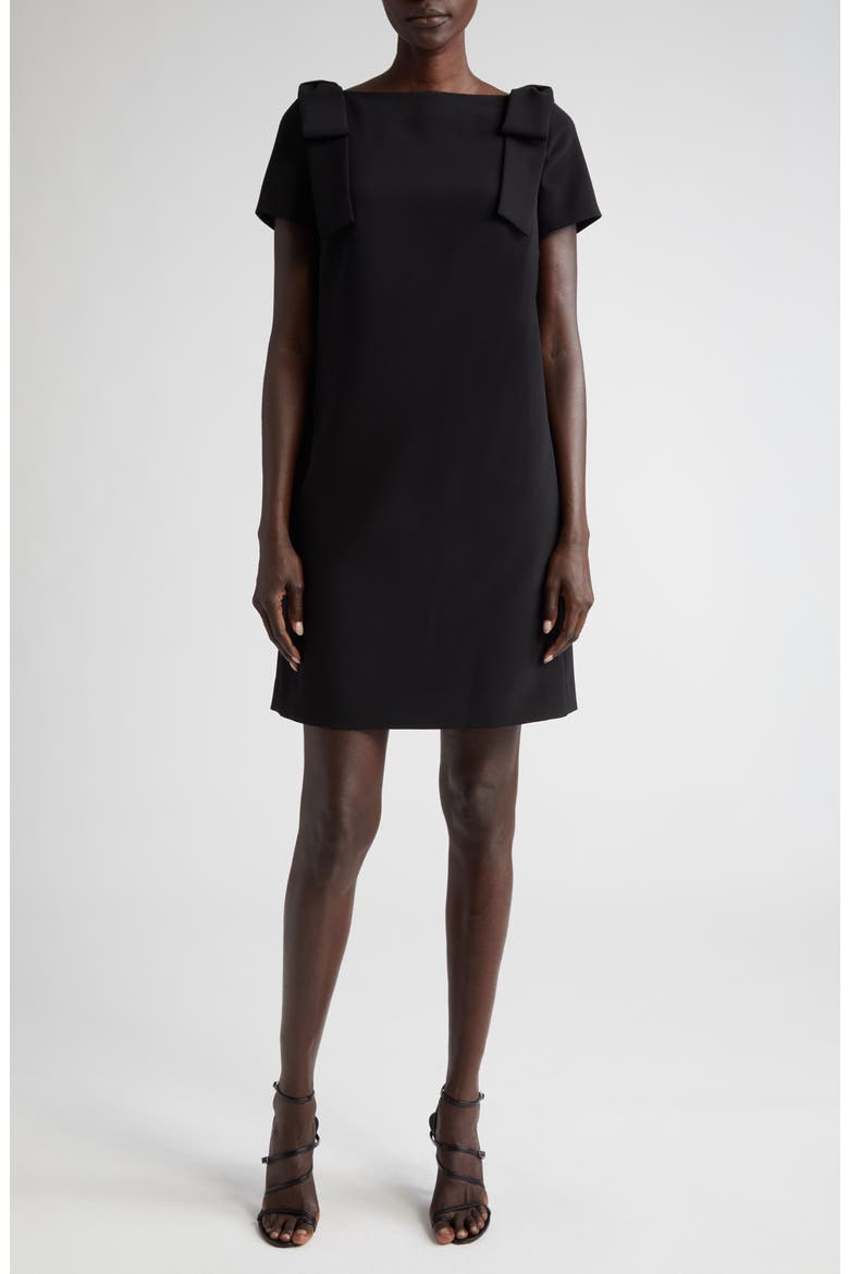 Bow Detail Bateau Neck Shift Dress, Main, color, BLACK