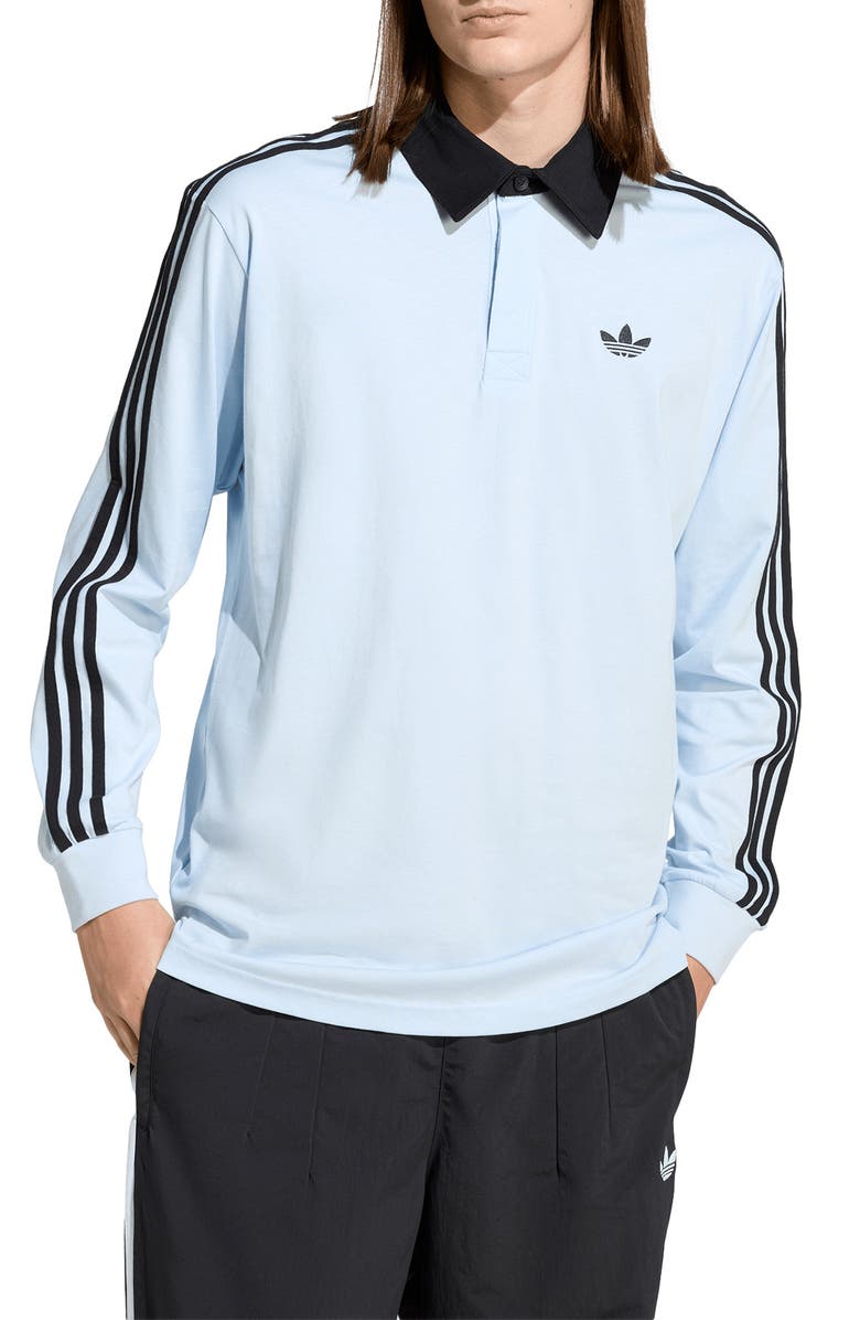 adidas 3-Stripes Long Sleeve Rugby Shirt, Main, color, Crystal Sky/ /