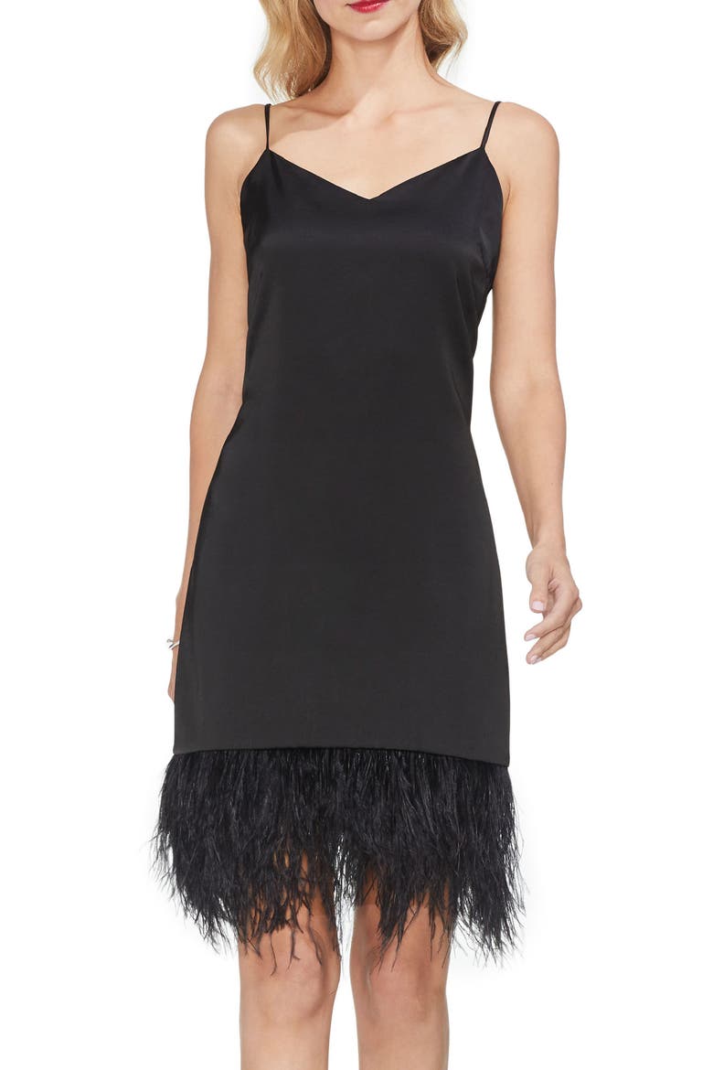 Feather Hem Satin Slipdress, Main, color, RICH BLACK