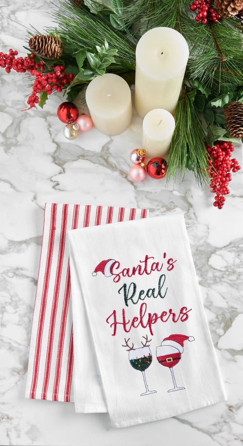 C & F Home C&f Home Christmas Theme "santa's Real Helpers" Red & White Wine Glasses Cotton Flour Sack Kitchen D In White