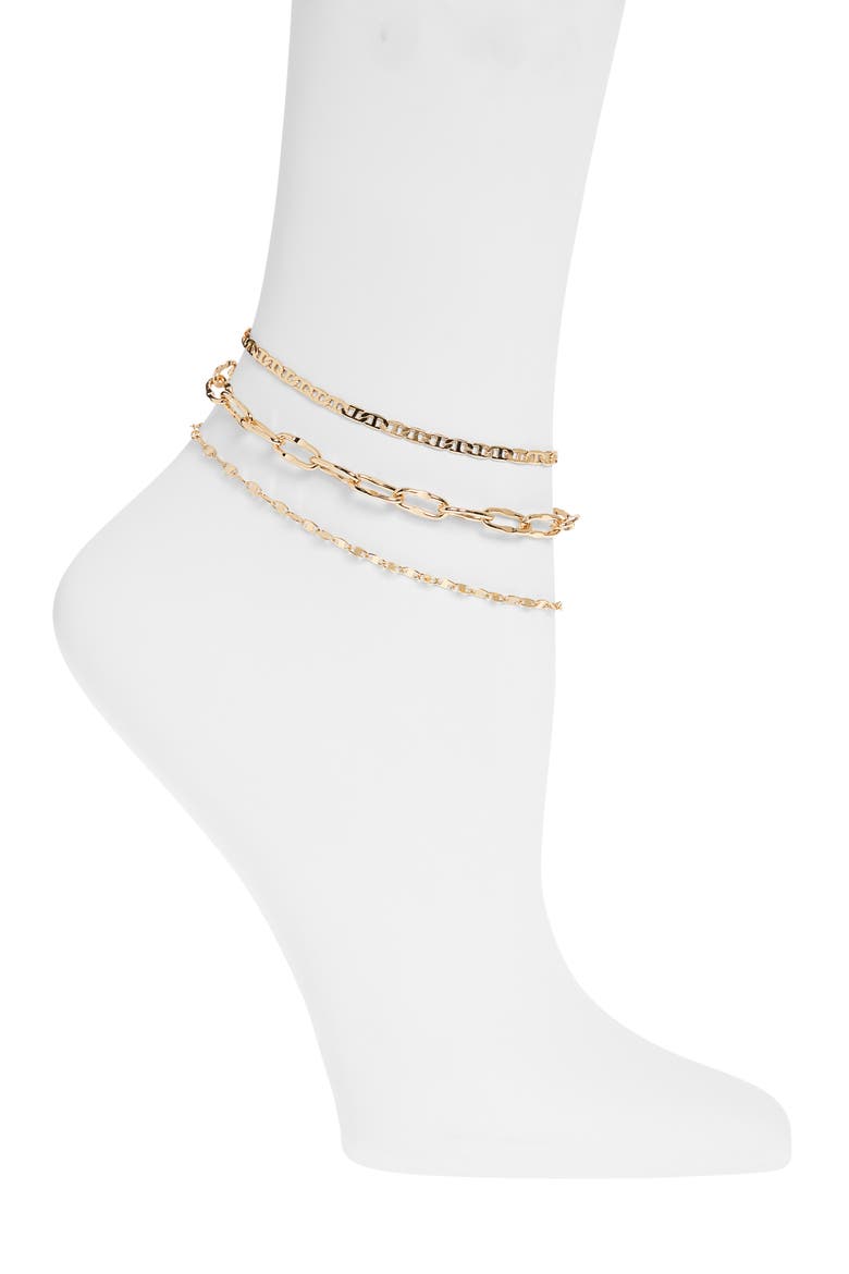 Set of Three Mixed Chain Anklets, Main, color, GOLD