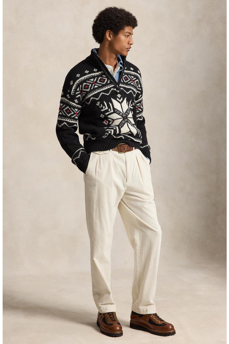 Snowflake Wool Quarter Zip Sweater, Alternate, color, BLACK