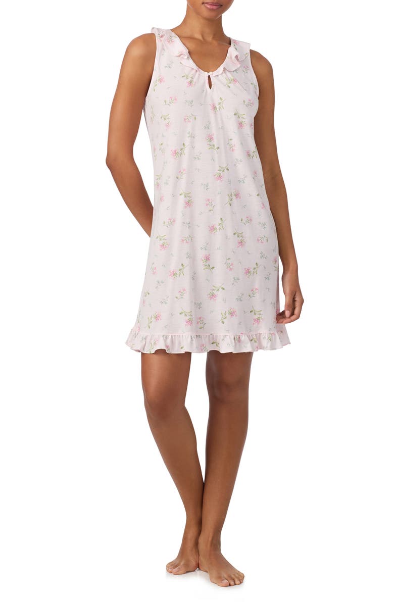 Lauren Ralph Lauren Ruffle V-Neck Cotton Blend Nightgown, Main, color, Ditsy Bouquet