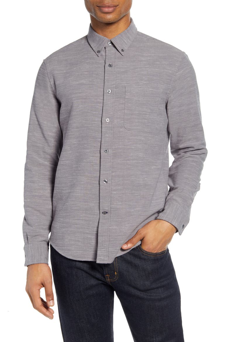Slim Fit Mélange Flannel Button-Down Shirt, Main, color, GREY