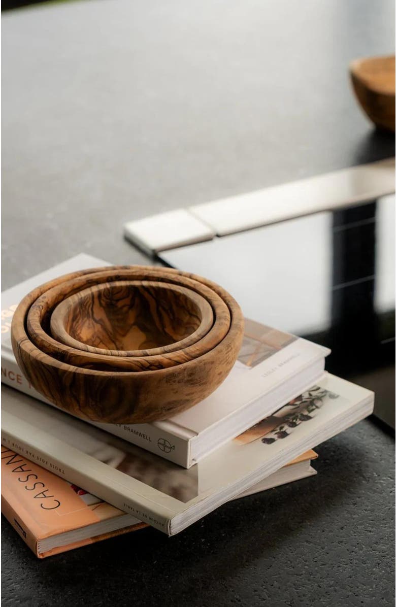 Gharyan Stoneware Olive Wood Nesting Bowls Set of 3, Alternate, color, Natural