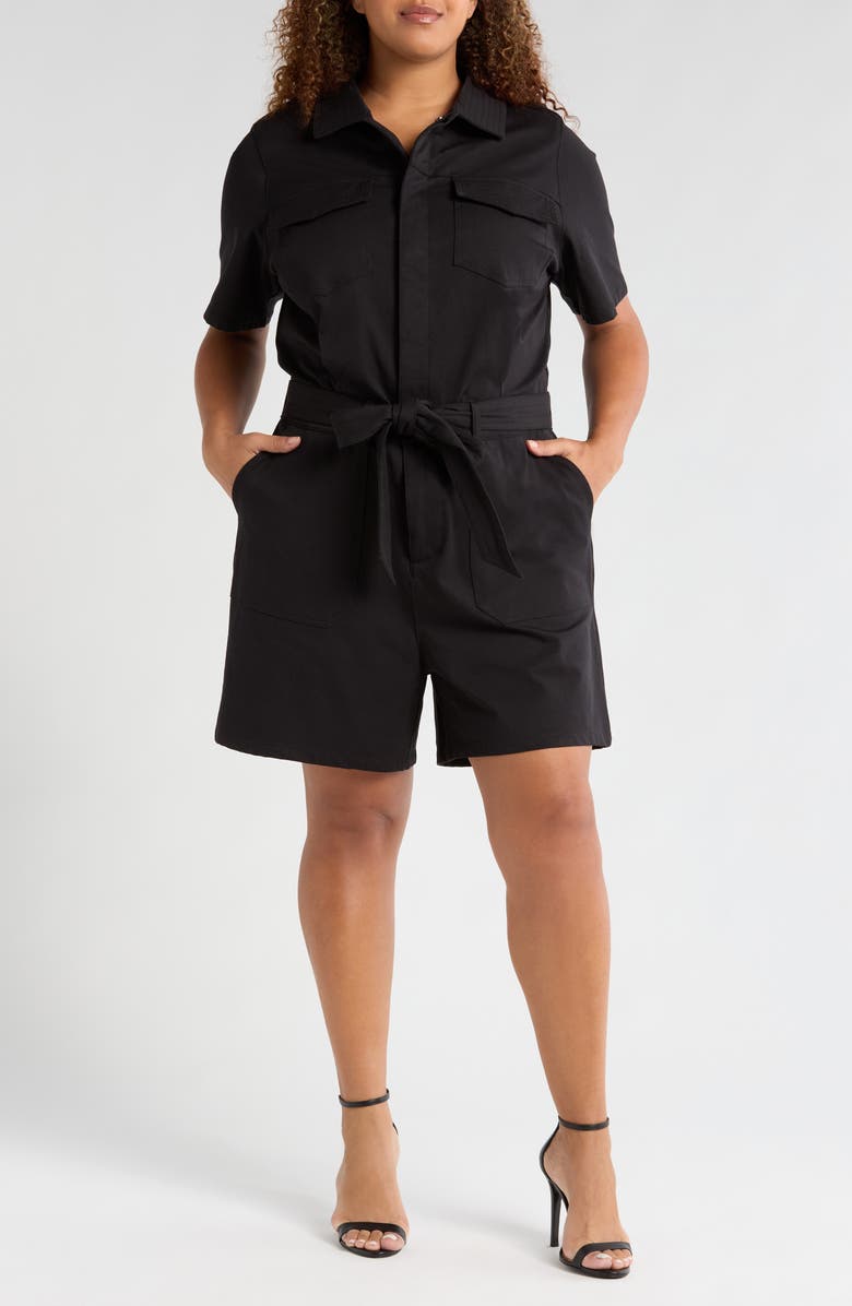 Universal Standard Tie Belt Stretch Twill Romper, Main, color, Black