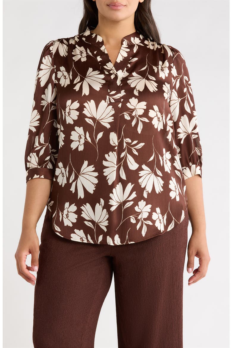 Floral Split Neck Top, Main, color, DARK CHOCOLATE/ WHITE