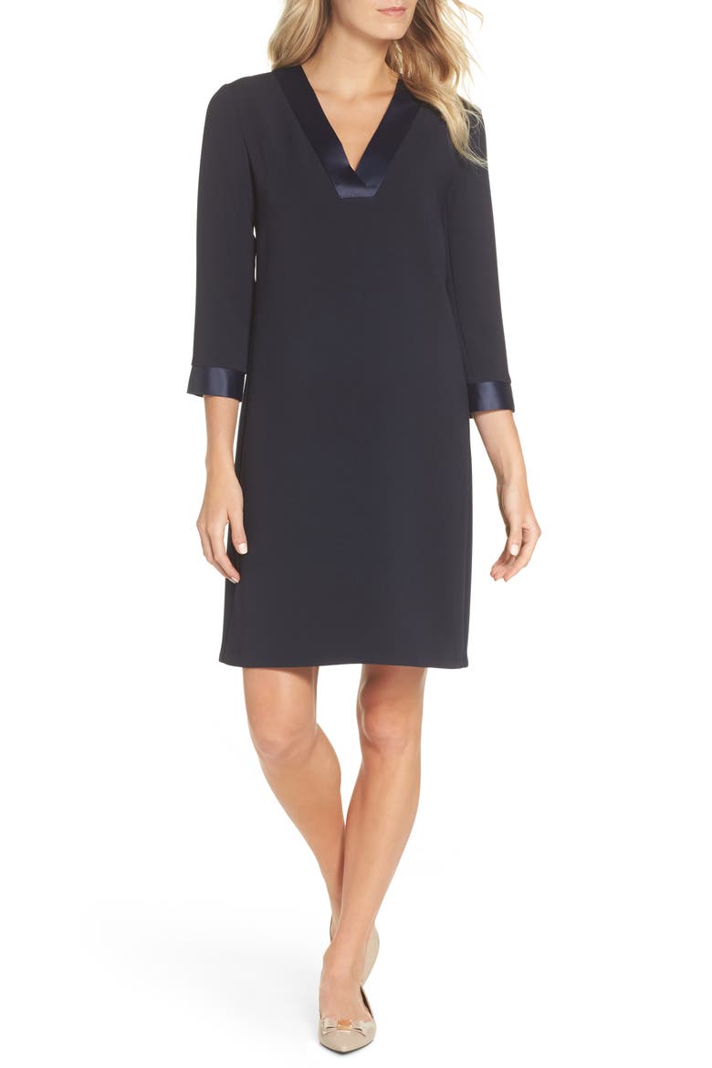 Satin Trim Crepe Shift Dress, Alternate, color, DARK NAVY
