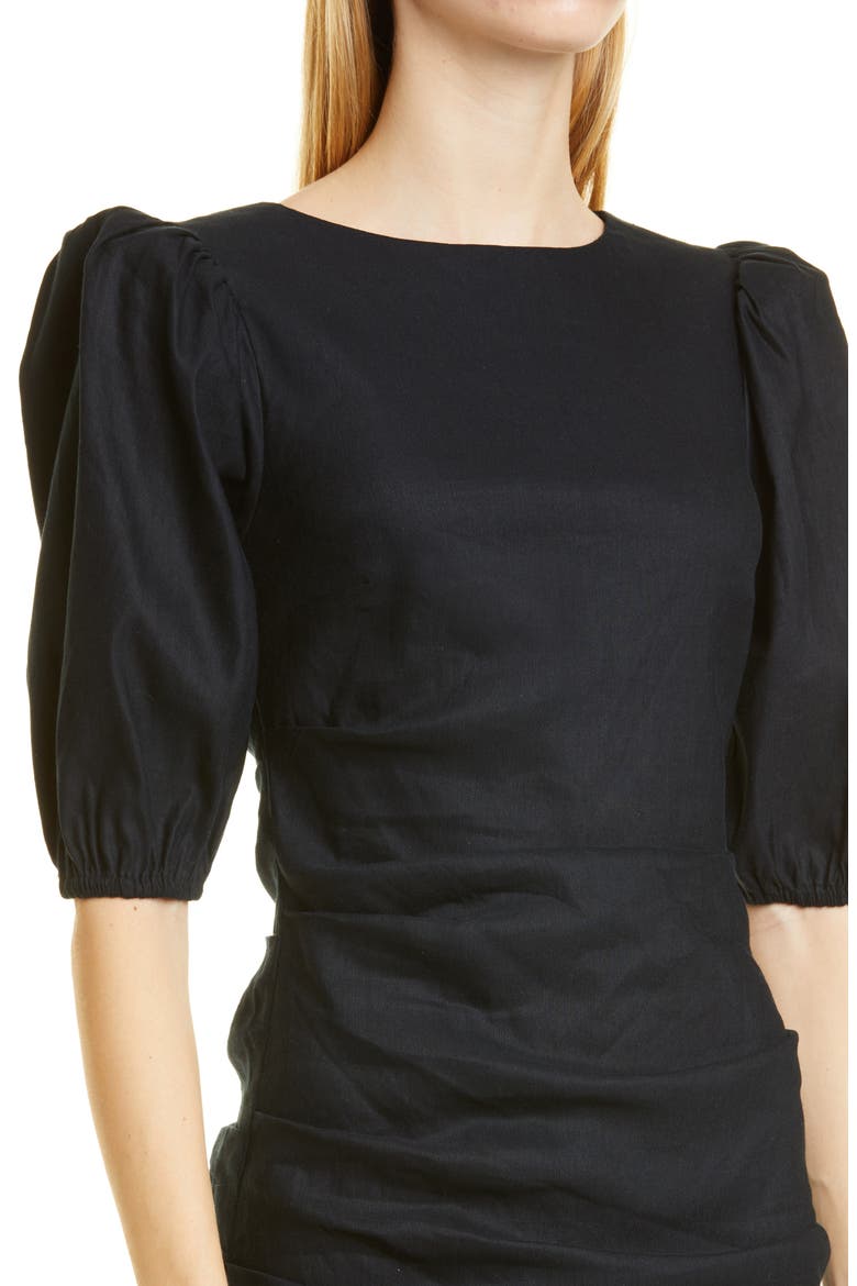 Puff Sleeve Linen Blend Minidress, Alternate, color, BLACK