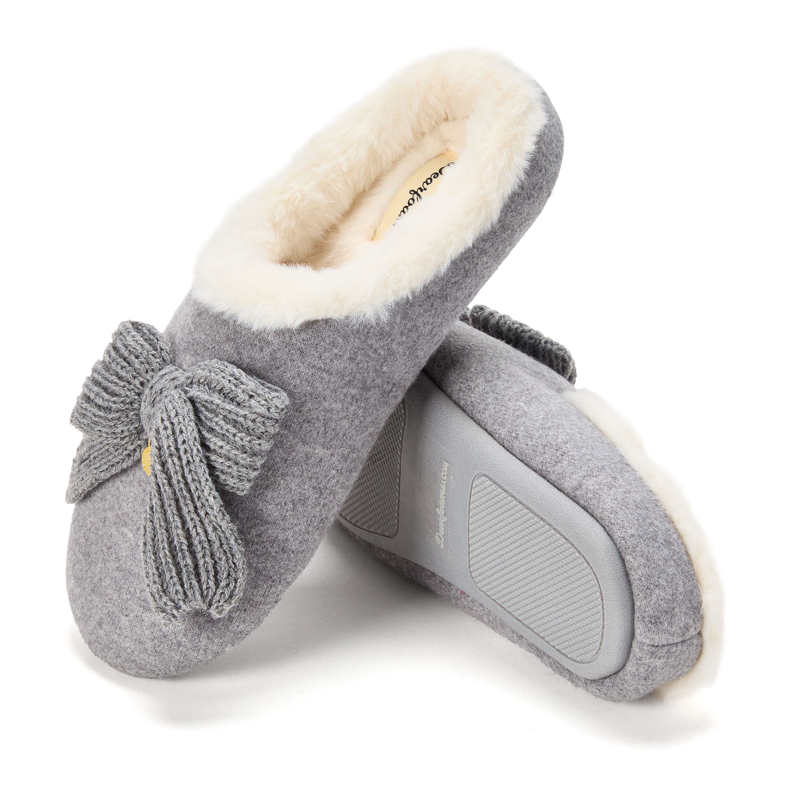 DEARFOAMS Josie Knit Clog Slipper with Bow, Alternate, color, Light Heather Grey