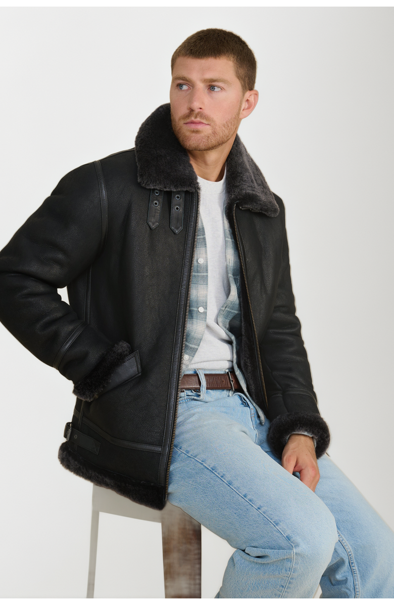 Furniq UK Frederick Shearling Aviator Jacket, Alternate, color, Black / Brissa Wool