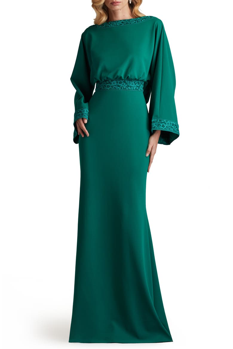 Drape Back Crepe Long Sleeve Gown, Main, color, EMERALD