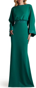 Tadashi Shoji Drape Back Crepe Long Sleeve Gown