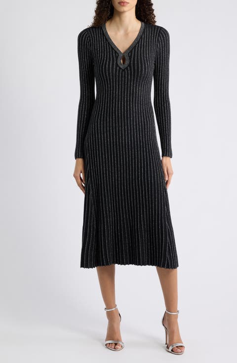 The Freya Metallic Long Sleeve Ribbed Sweater Dress