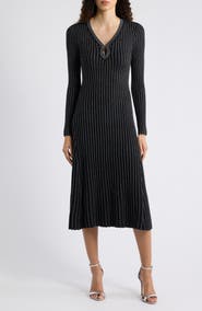 Elie Tahari The Freya Metallic Long Sleeve Ribbed Sweater Dress