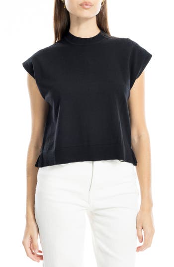 Max Studio Mock Neck Fine Gauge Short Sleeve Sweater In Black