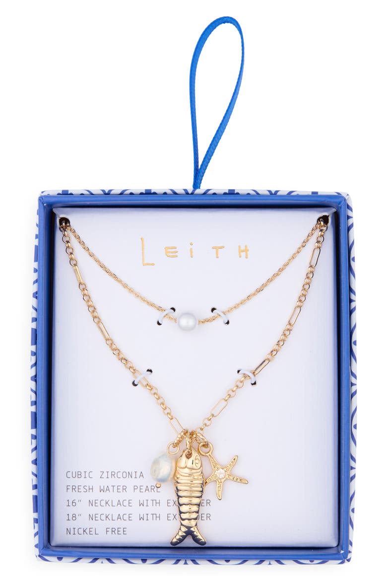 Set of 2 Freshwater Pearl & Fish Charm Necklaces, Main, color, WHITE- GOLD
