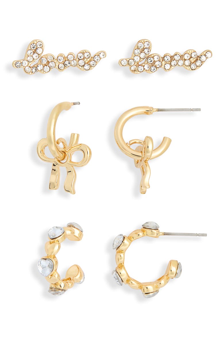 Set of 3 Love Earrings, Alternate, color, GOLD