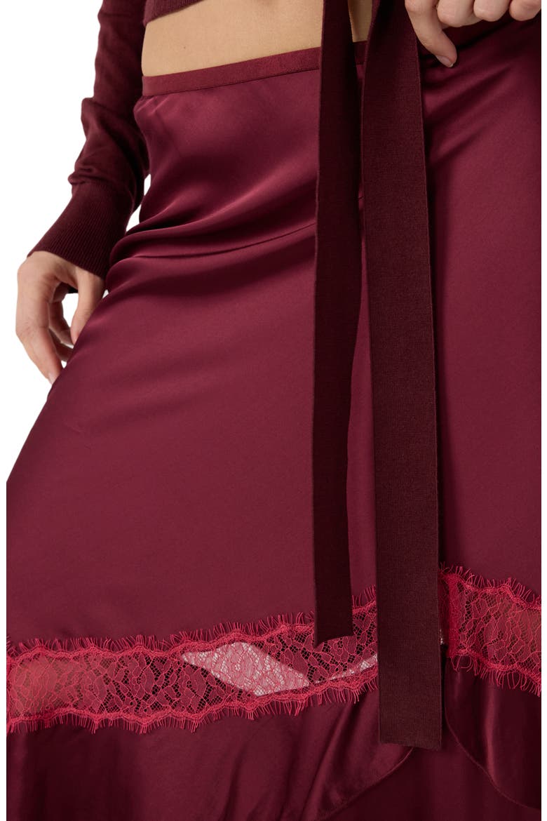 Sylvie Lace Trim Handkerchief Hem Satin Skirt, Alternate, color, CHERRY WOOD