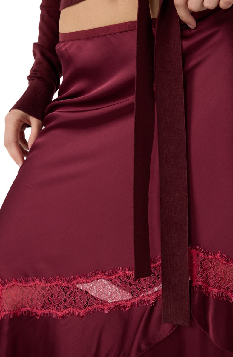 DVF Sylvie Lace Trim Handkerchief Hem Satin Skirt, Alternate, color, Cherry Wood