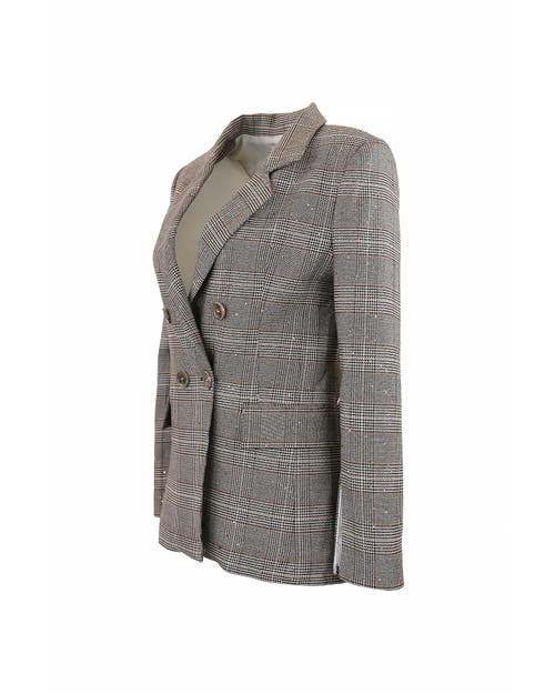 Theo The Label Eudora Split Sleeve Sequined Prince Of Wales Jacket In Gray