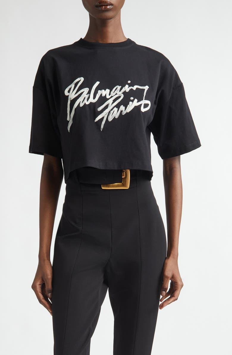 Balmain Paris Brush Print Crop T-Shirt, Main, color, Black/ White