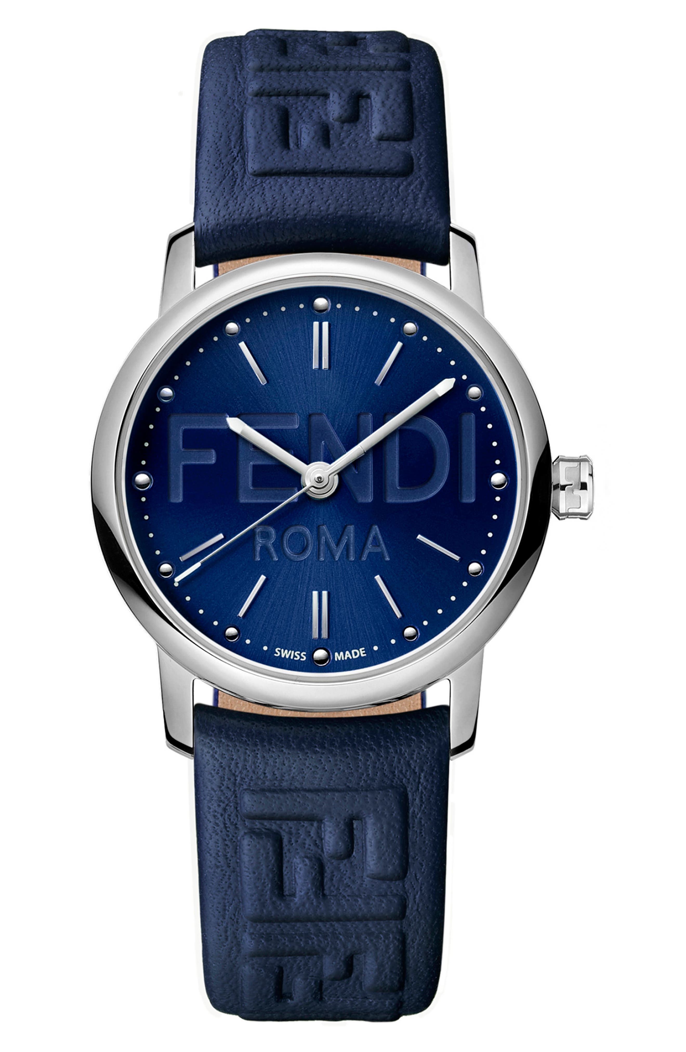 【FENDI フェンディ】size：46 レザー ネイビー Fendi Forever Fendi Swiss Quartz Leather Strap Watch, 29mm (Men