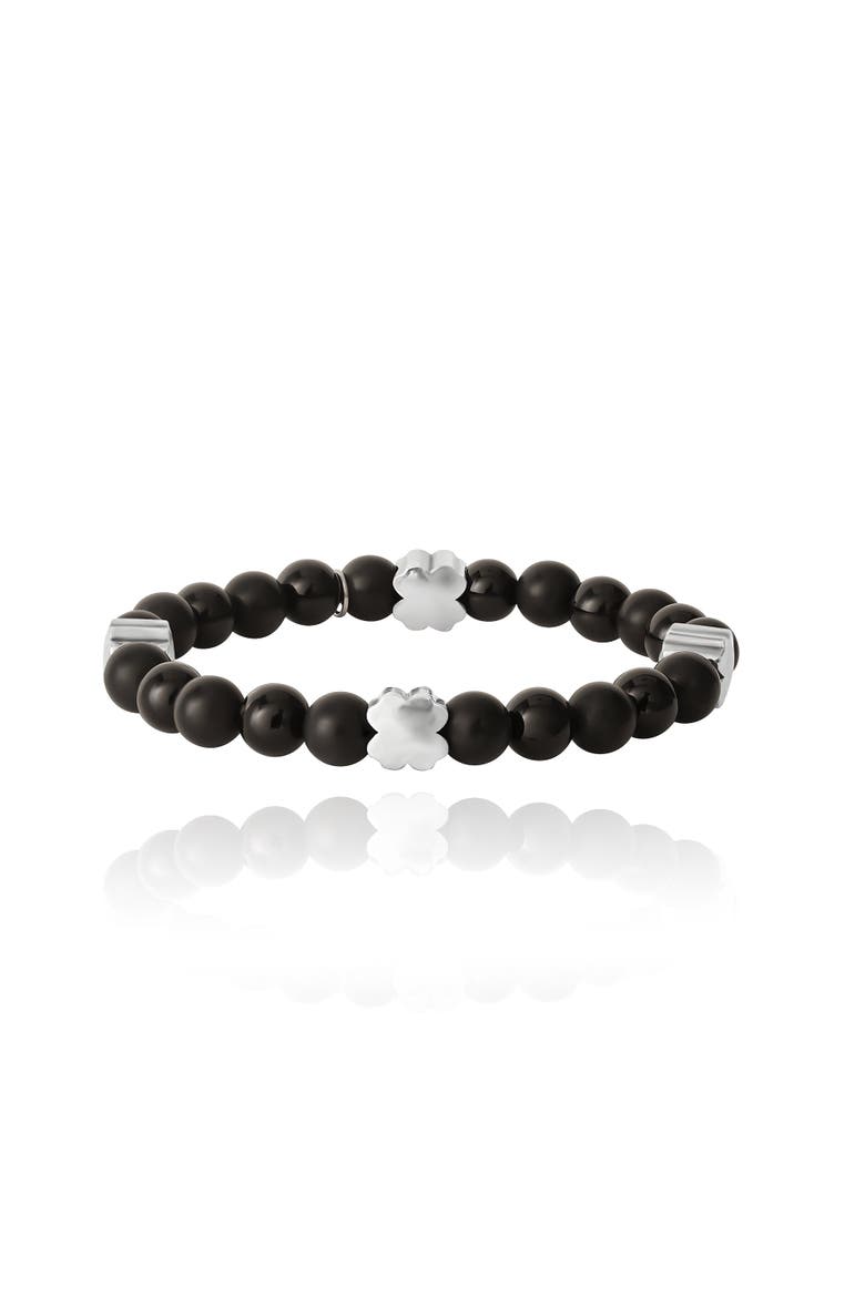 Black Onyx 4 Piece Clover Beaded Elastic Bracelet, Main, color, black, white