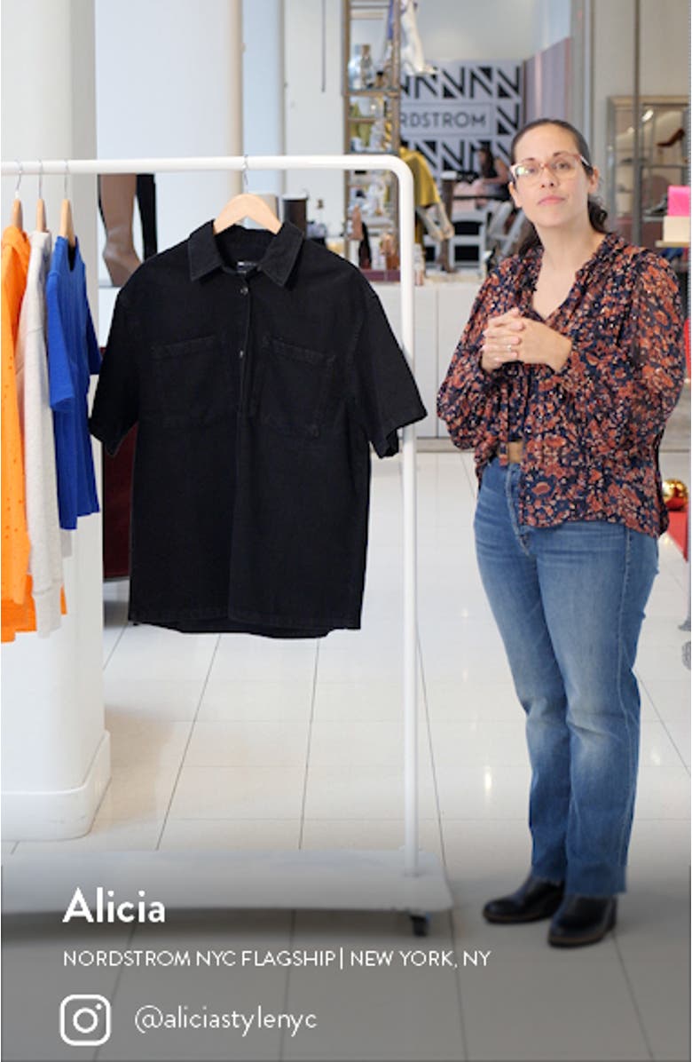 Elbow Sleeve Longline Denim Button-Up Shirt, sales video thumbnail