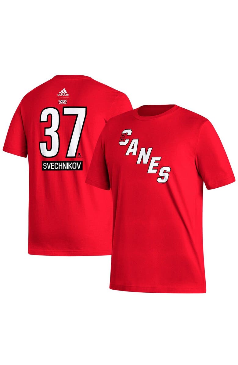 adidas Men's adidas Andrei Svechnikov Red Carolina Hurricanes Reverse Retro 2.0 Name & Number T-Shirt, Main, color,
