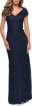 La Femme Lace Off The Shoulder Cap Sleeve Evening Dress