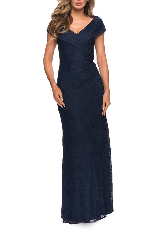 La Femme Lace Off The Shoulder Cap Sleeve Evening Dress in Navy 