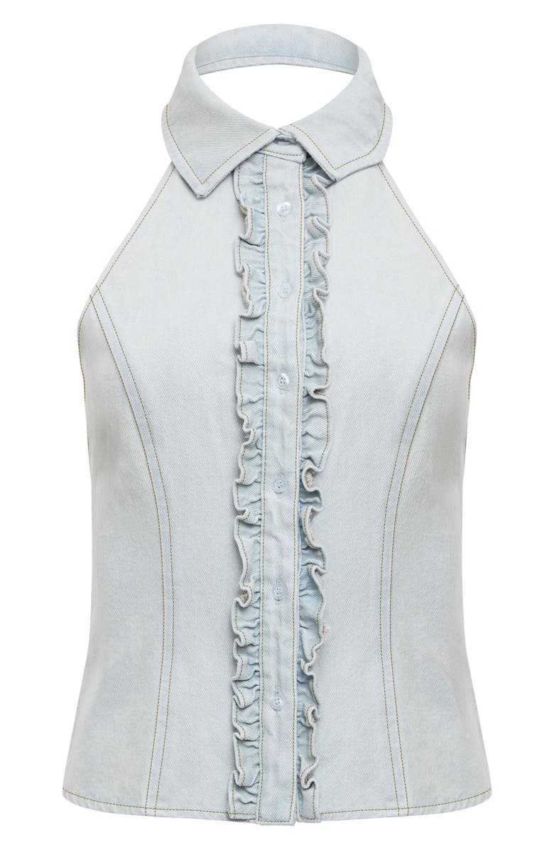 LIONESS Afterglow Ruffle Denim Halter Top, Alternate, color, Light Denim