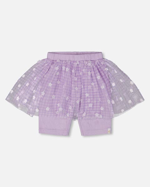 Little Girl's Crinkle Biker Short With Flower Mesh Skirt Lilac With White Flowers