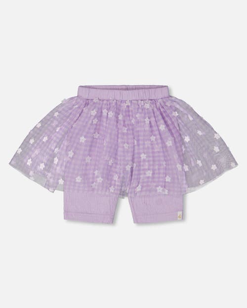Deux Par Deux Little Girl's Crinkle Biker Short With Flower Mesh Skirt Lilac With White Flowers In Lilac With White Flowers