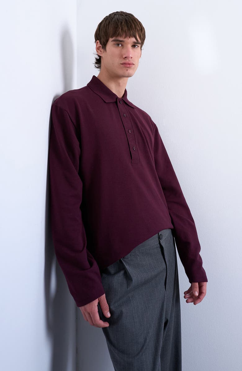 Topman Textured Long Sleeve Polo, Alternate, color, Burgundy