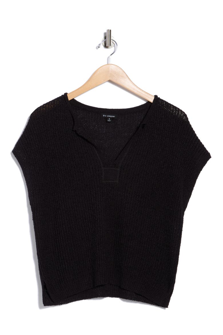 Open Knit Short Sleeve Top, Alternate, color, BLACK