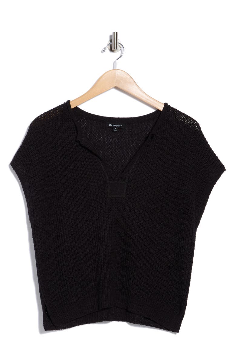 Blu Pepper Open Knit Short Sleeve Top, Alternate, color, Black