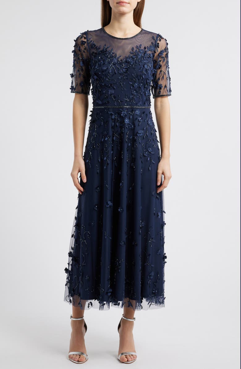 Pisarro Nights 3D Floral Beaded Gown, Main, color, Navy