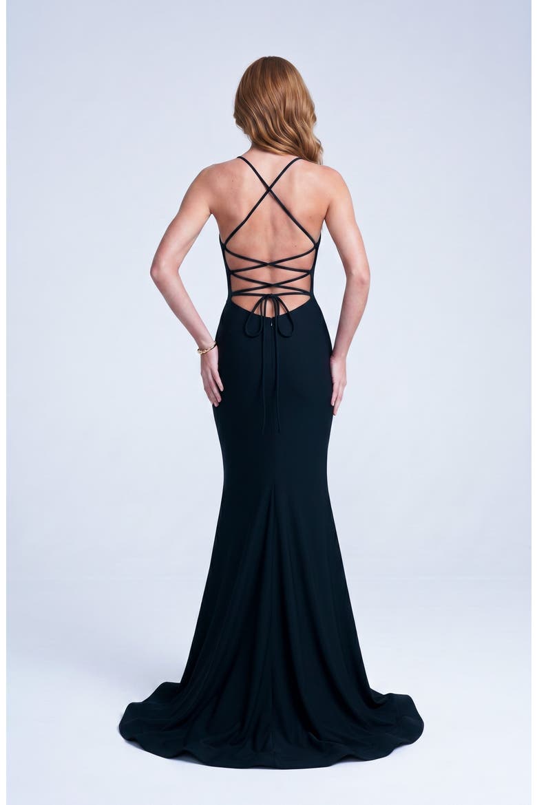 Ruched Plunge Neck Strappy Back Mermaid Evening Gown, Alternate, color, Black