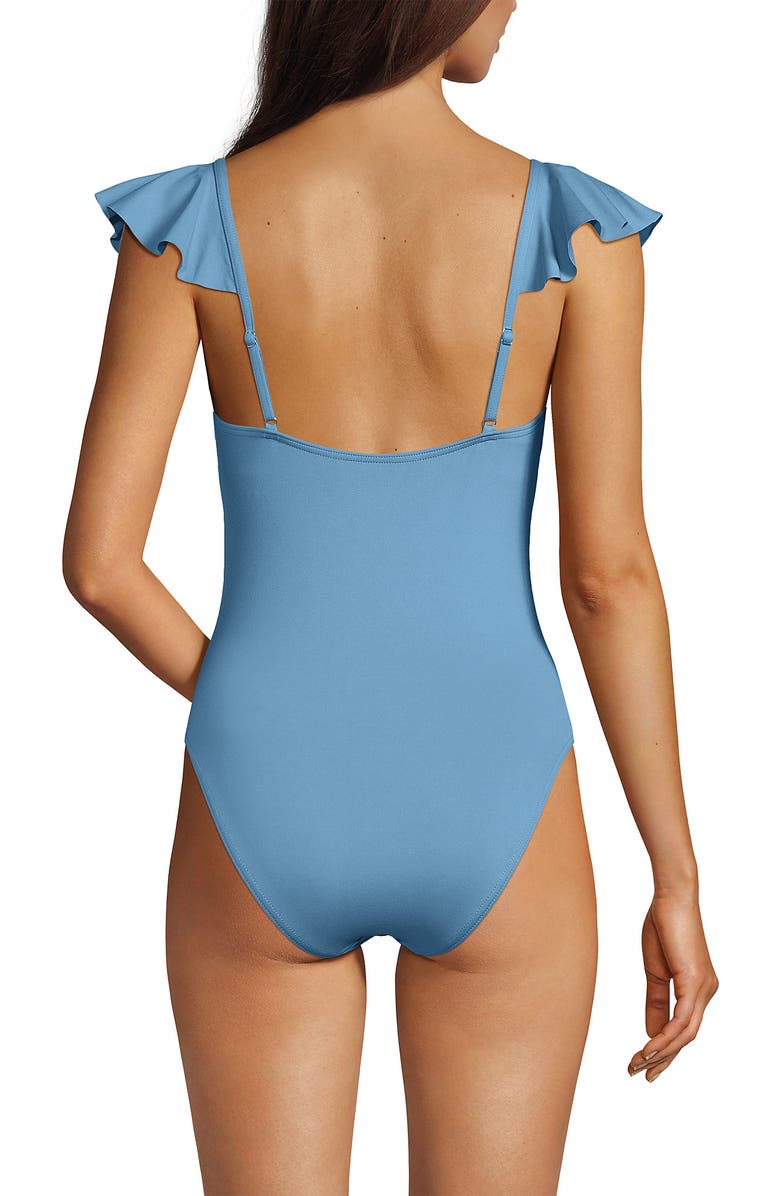 Lands' End Chlorine Resistant Ruffle V-neck High Leg One Piece Swimsuit, Alternate, color, Washed Blue Silver