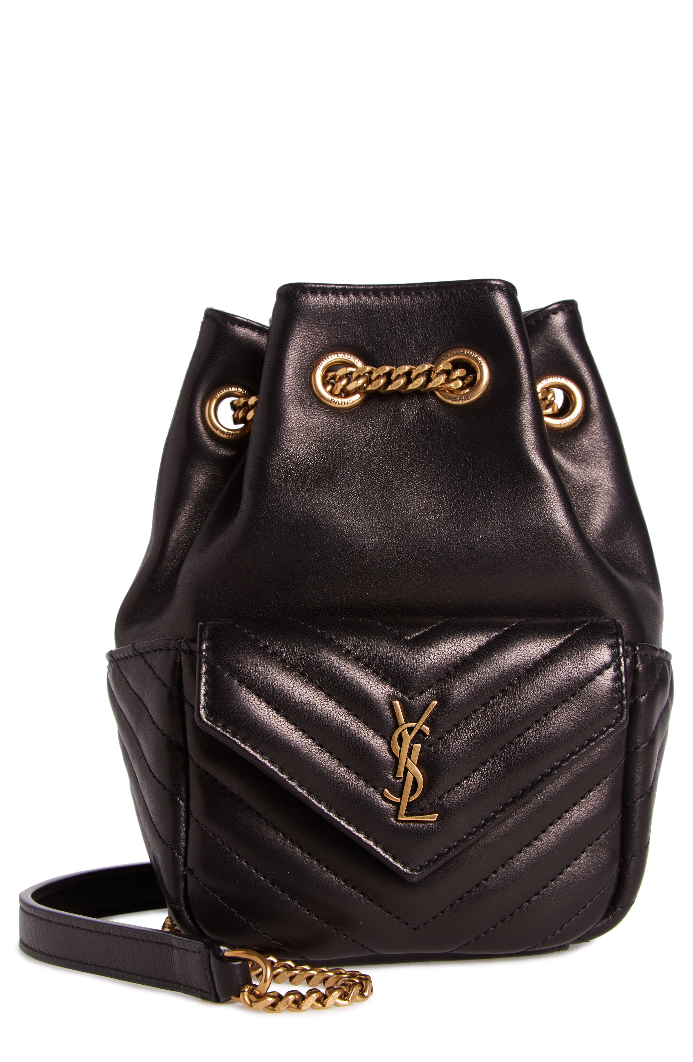 Saint Laurent Mini Joy Matelassé Leather Bucket Bag, Main, color, Noir