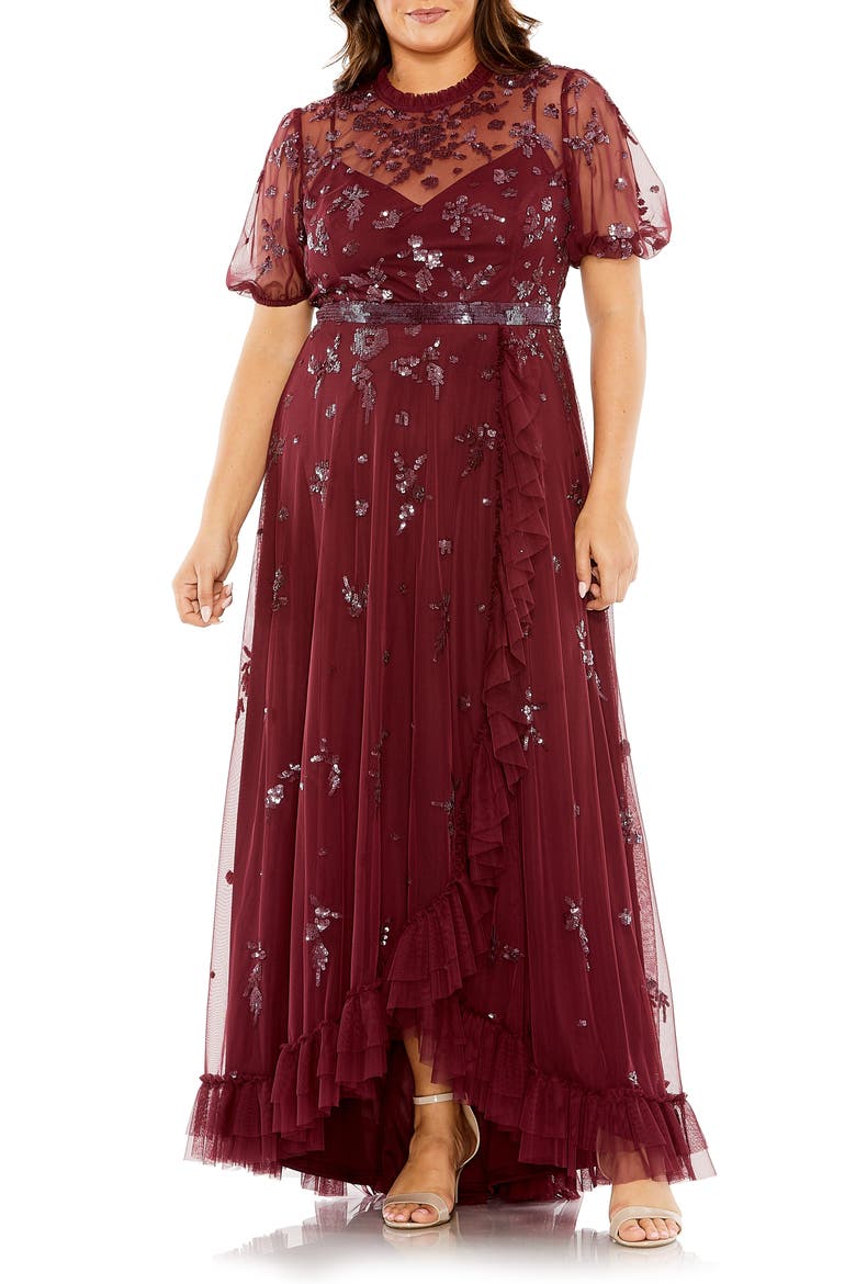 High Neck Puff Short Sleeve Embellished Faux Wrap, Main, color, BORDEAUX