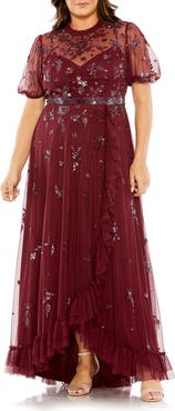 FABULOUSS BY MAC DUGGAL High Neck Puff Short Sleeve Embellished Faux Wrap