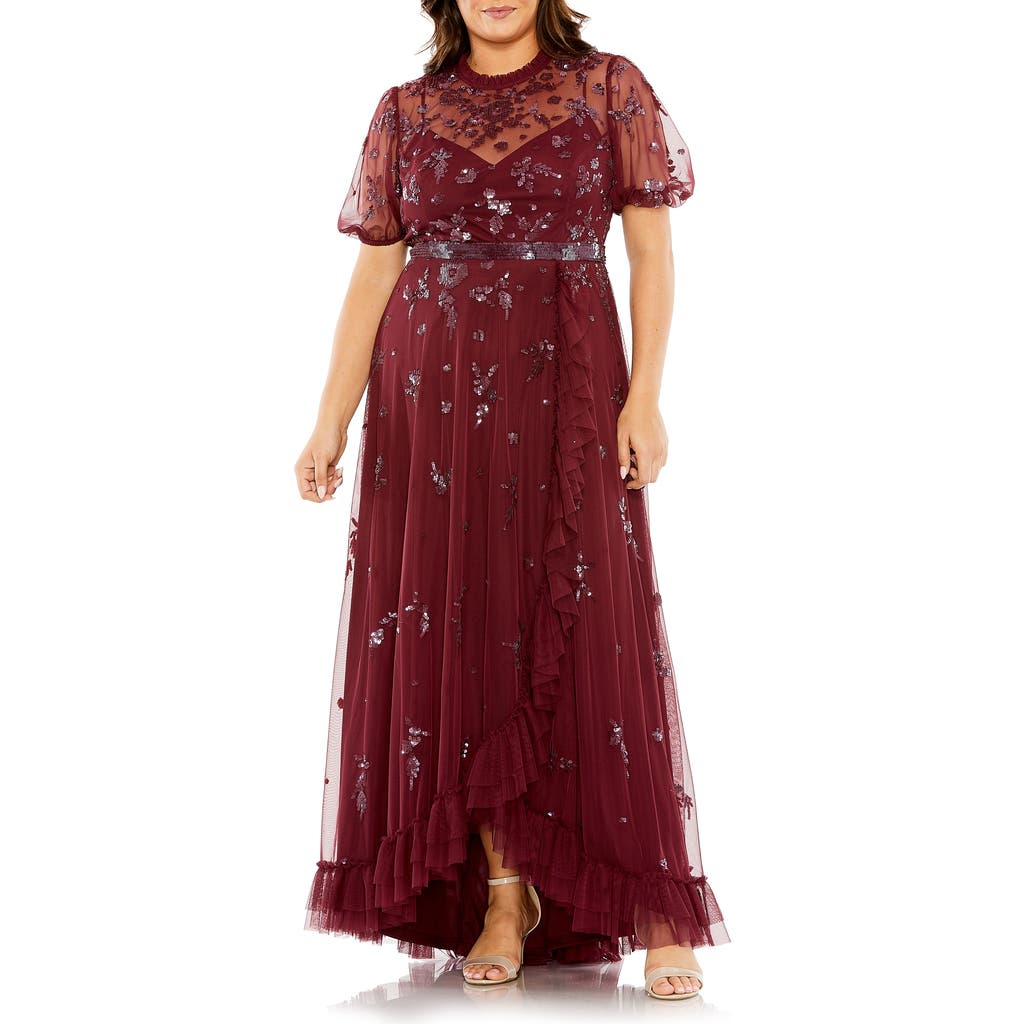 FABULOUSS BY MAC DUGGAL Beaded Floral Short Sleeve Gown in Bordeaux
