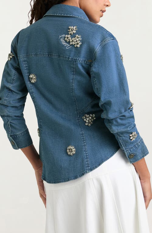 Cinq À Sept Flower Crystal Stretch Denim Shirt In Light Wash