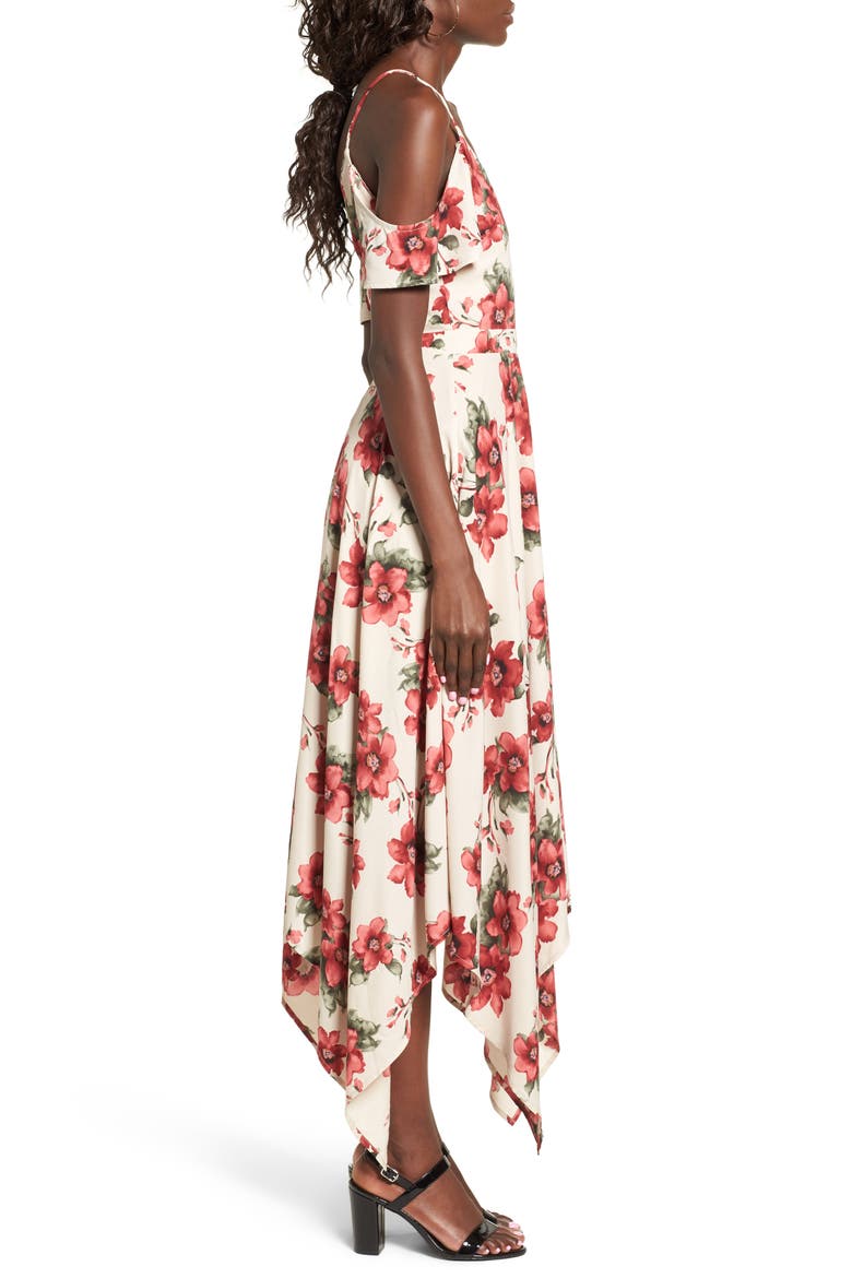 Cold Shoulder Midi Dress, Alternate, color, RED FLORAL